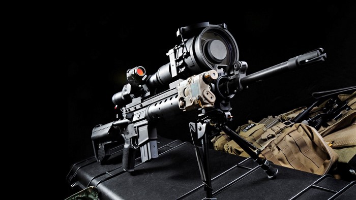 Sniper weapon with scope and bipod