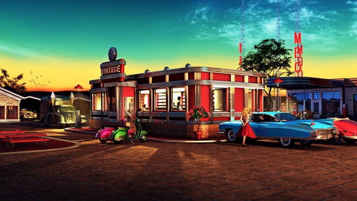 Vintage Diner with Classic Cars and Scooters