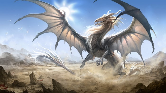 A majestic white dragon in a desert landscape