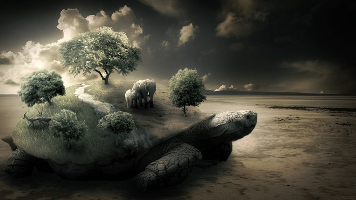 Fantasy turtle island with elephants and trees