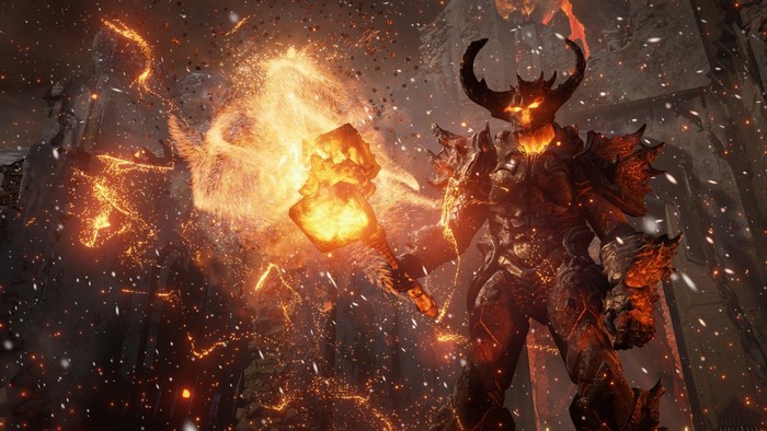 Demon with hammer in fiery explosion