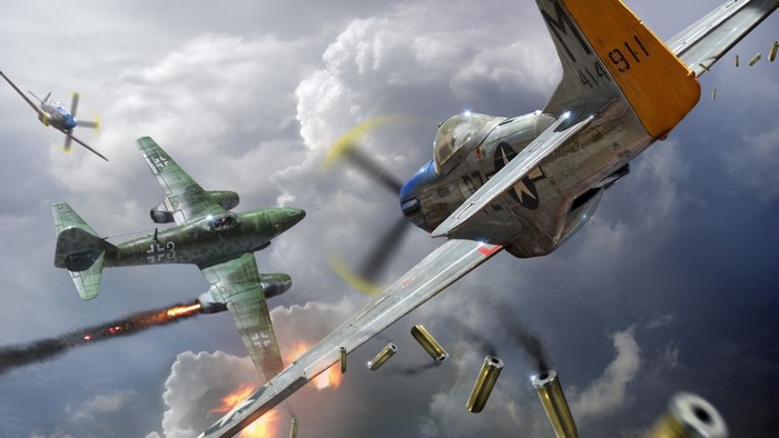 World War II dogfight between P-51 Mustang and Me 262