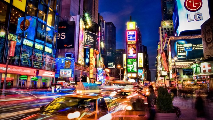Times Square at Night with Yellow Taxi