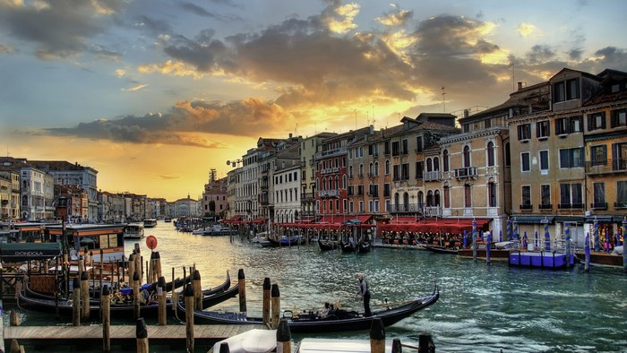 Venice Canal with Gondolas and Buildings at Sunset