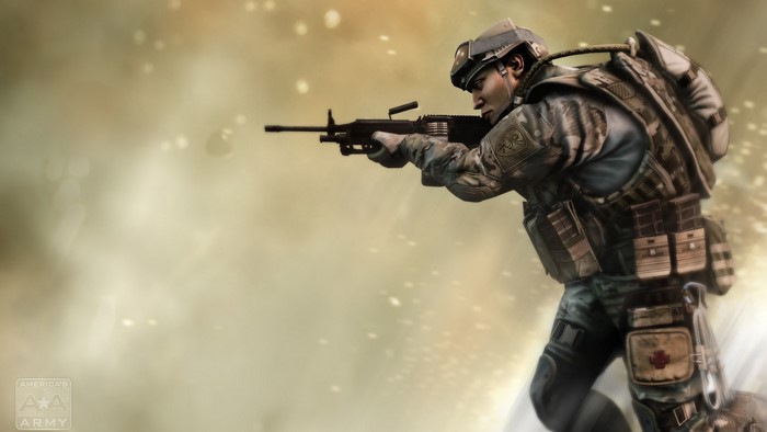 Soldier from America's Army aiming a rifle