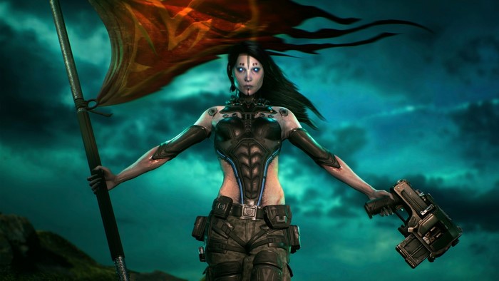 Necris from Unreal Tournament holding a flag and gun