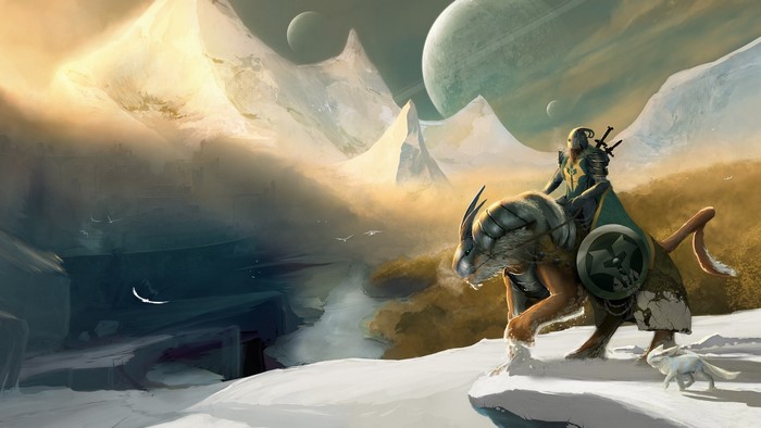 Knight riding a beast in a snowy alien landscape