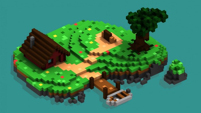 Voxel island with house, tree, and boat