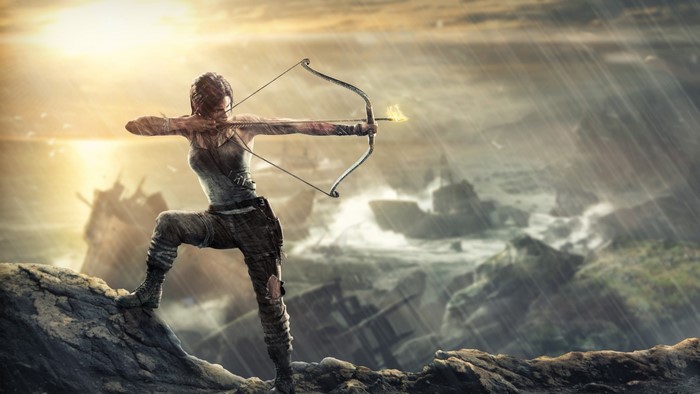 Lara Croft from Tomb Raider aiming a bow