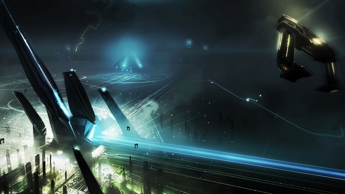 Tron Universe digital landscape with futuristic structures