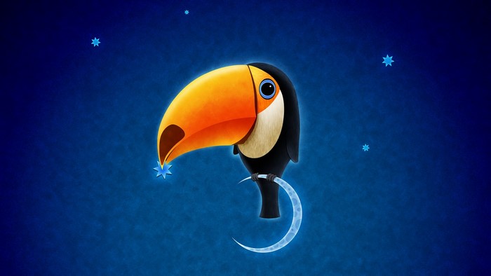 Toucan holding a star on a crescent moon