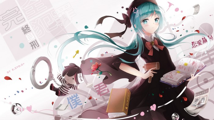 Hatsune Miku with handcuffs and a book
