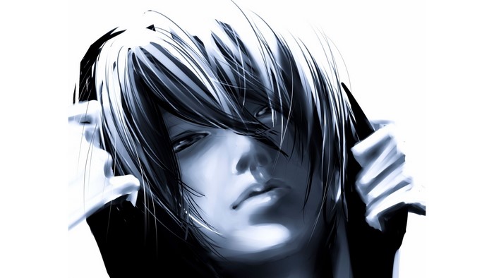Anime character with dark hair and blue tint