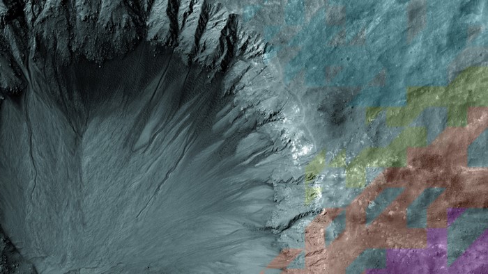 Crater with colored mineral deposits on Mars