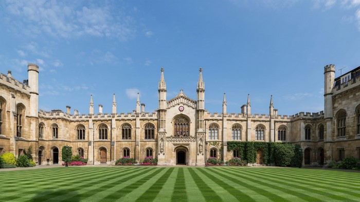 University of Cambridge courtyard with manicured lawn
