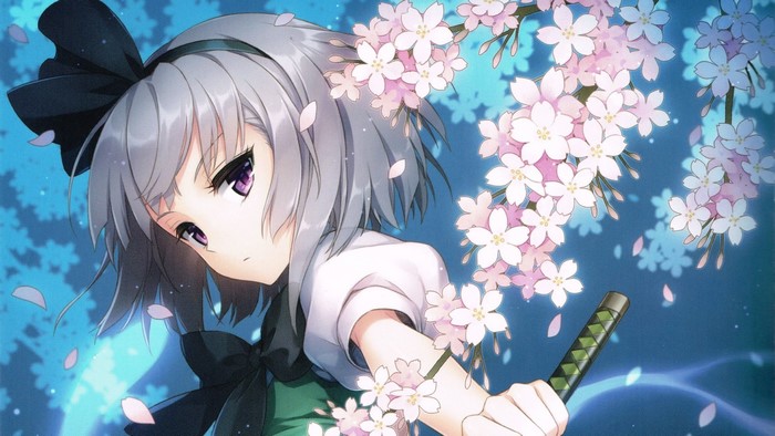 Youmu Konpaku from Touhou Anime Girl with Sword and Cherry Blossoms