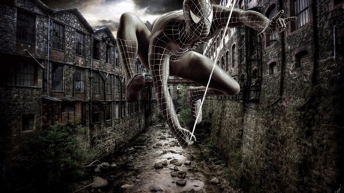 Spiderman in a dark alleyway