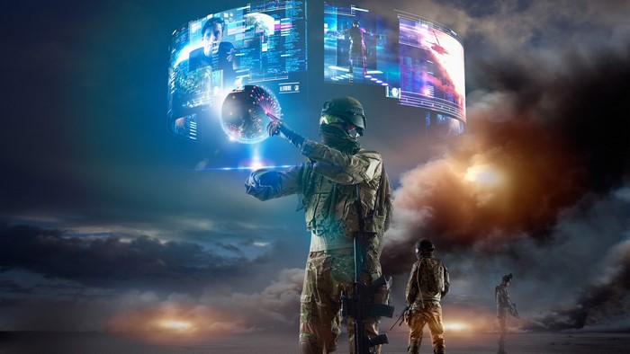 Soldier interacting with virtual reality displays
