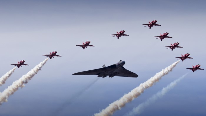 Vulcan Bomber and Red Arrows formation