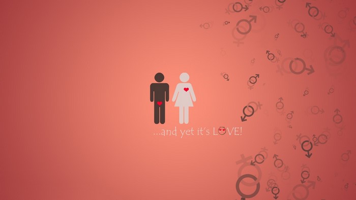 Silhouettes of a couple with hearts and gender symbols