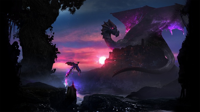 Dragons and Wizard in a Fantasy Landscape