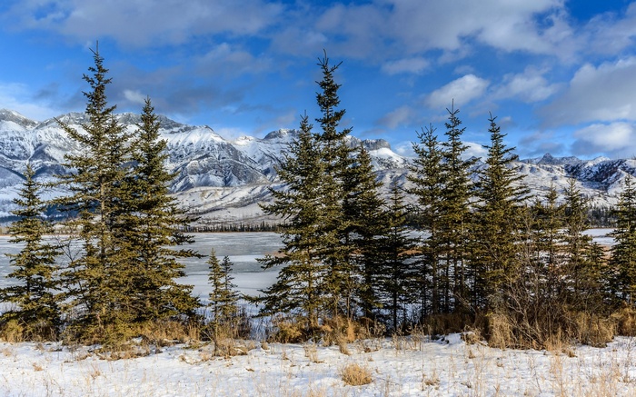 Snowy Mountains and Frozen Lake with Evergreen Trees