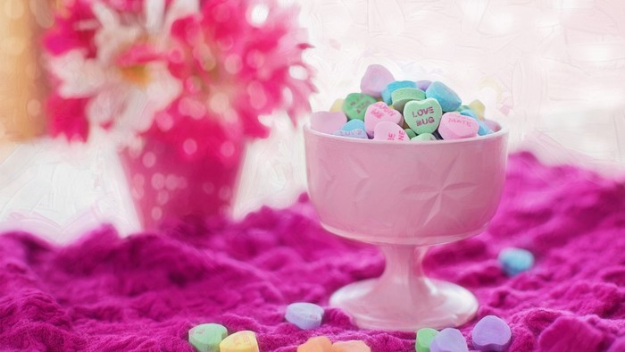 Valentine Love Hearts Candies in Pink Bowl