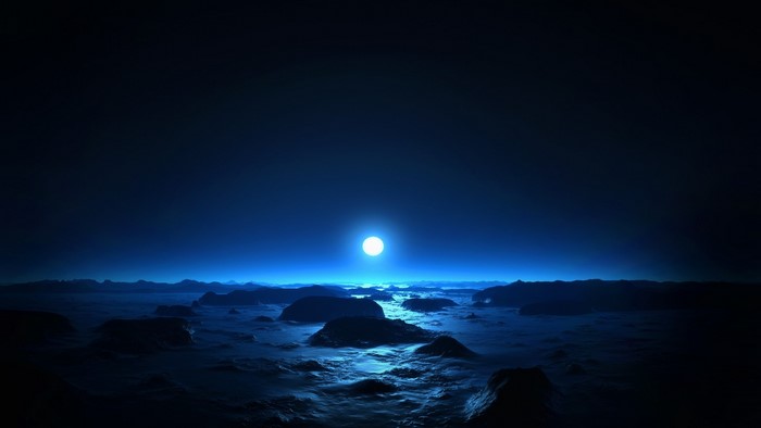 Moon over a rocky, alien landscape