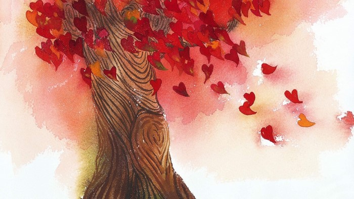 Watercolor painting of a tree with heart-shaped red leaves