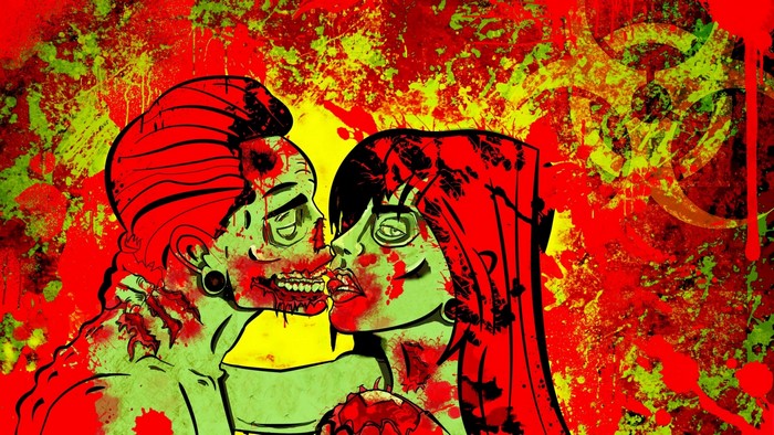 Zombie Couple Kissing with Biohazard Symbol