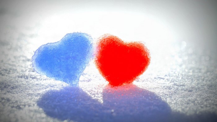 Blue and Red Snow Hearts on Snow