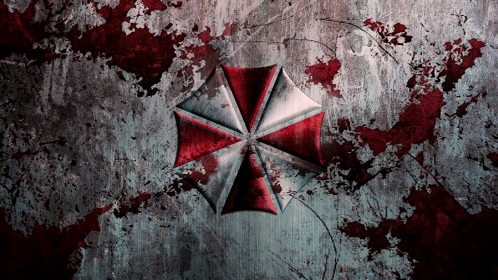 Umbrella Corporation logo on a bloody, textured surface