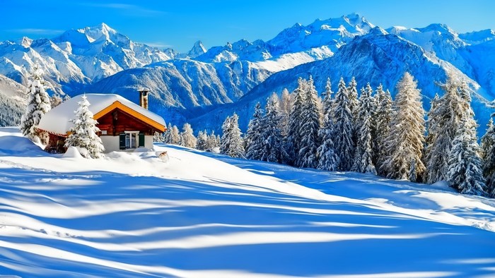 Winter Mountain Landscape with Cabin and Snow-Covered Trees