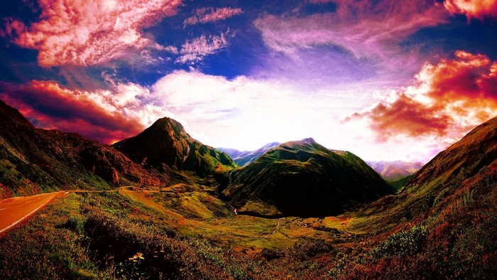 Mountain landscape with colorful sunset sky