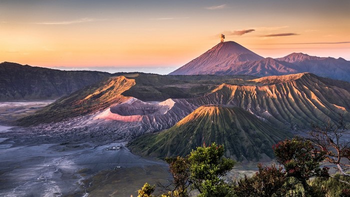 Mount Bromo volcano eruption at sunrise, Indonesia