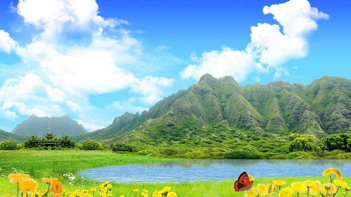 Green Mountains and Lake with Butterfly
