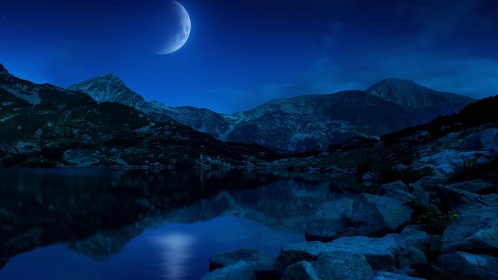 Night Mountains Lake with Half Moon in Bulgaria