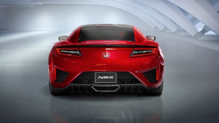 Rear view of a red 2017 Honda NSX