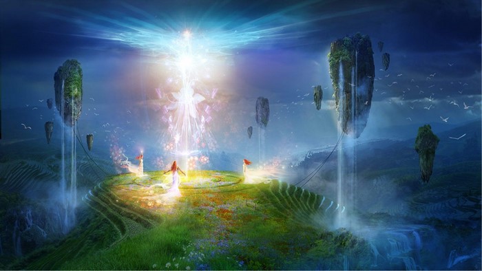 Fantasy floating islands with glowing light and women