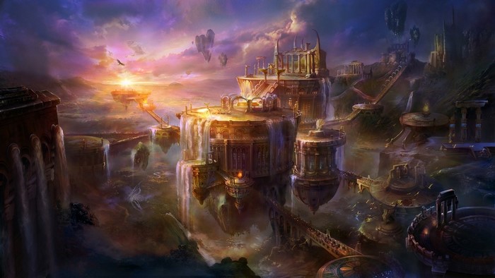 Fantasy landscape with floating islands and waterfalls