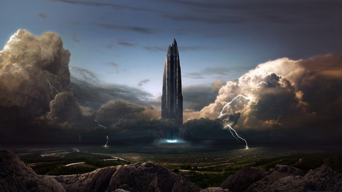 Sci Fi Fantasy Skyscraper with Lightning Storm