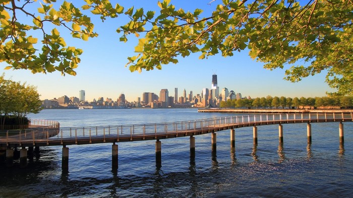 New York City Skyline and Waterfront Promenade
