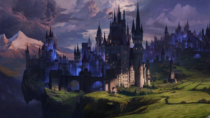 Fantasy castle on a cliff with mountains