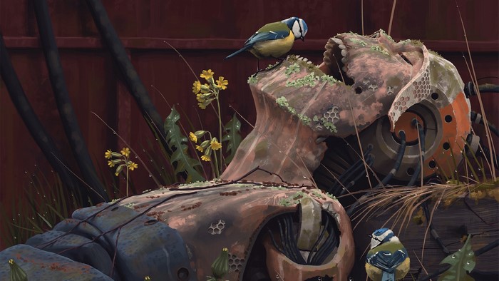 Fantasy Robot with Birds and Flowers