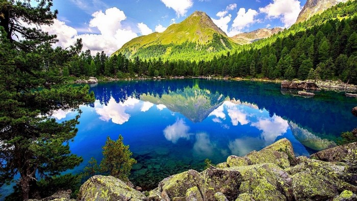 Mountain lake with reflection of mountain and trees