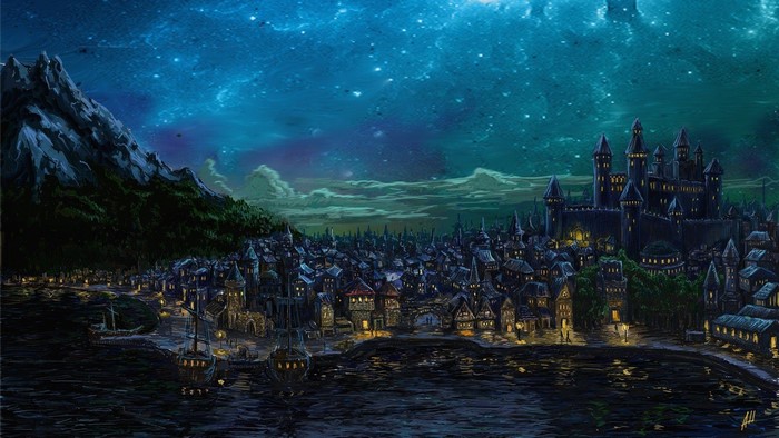 Fantasy city with castle under starry sky