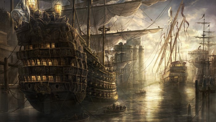 Fantasy Pirate Ship at Dusk Harbor