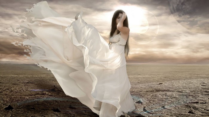 Fantasy Girl in White Dress in Desert