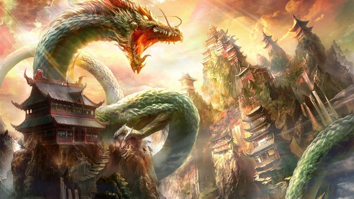 Fantasy Dragon and Oriental Temples on Mountains