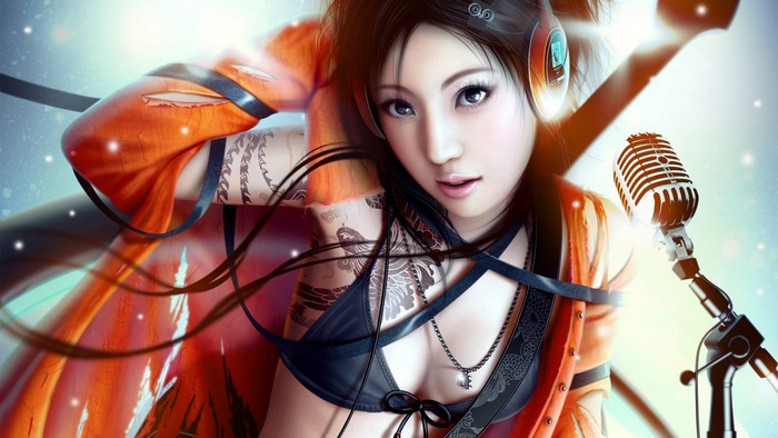 Fantasy girl with headphones and microphone